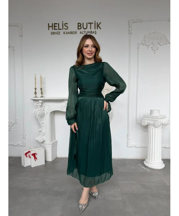 Bağlama Detaylı Simli Işıltılı Zümrüt Abiye Elbise