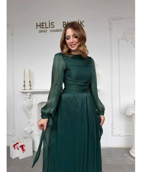 Bağlama Detaylı Simli Işıltılı Zümrüt Abiye Elbise