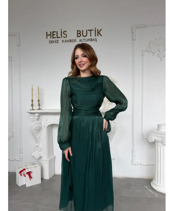 Bağlama Detaylı Simli Işıltılı Zümrüt Abiye Elbise