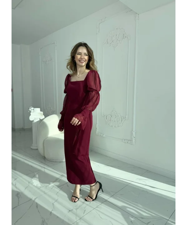 Bağlamalı Kol Tasarımlı Modern Bordo Elbise