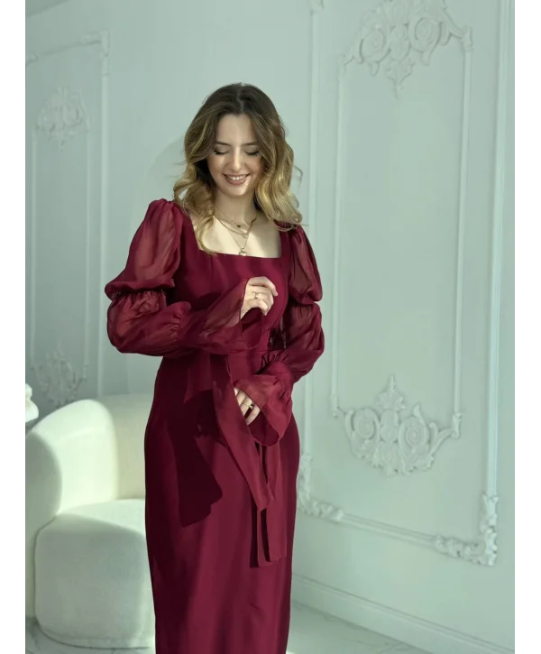 Bağlamalı Kol Tasarımlı Modern Bordo Elbise