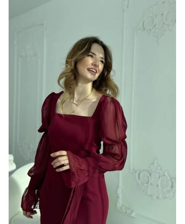 Bağlamalı Kol Tasarımlı Modern Bordo Elbise