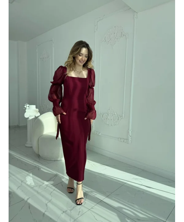 Bağlamalı Kol Tasarımlı Modern Bordo Elbise