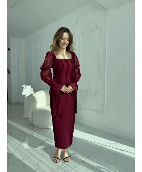 Bağlamalı Kol Tasarımlı Modern Bordo Elbise