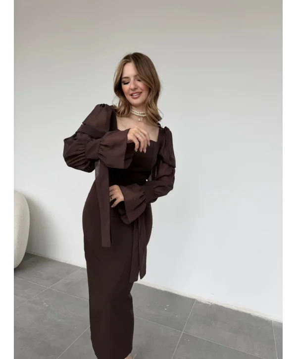 Bağlamalı Kol Tasarımlı Modern Kahve Elbise