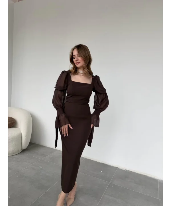 Bağlamalı Kol Tasarımlı Modern Kahve Elbise