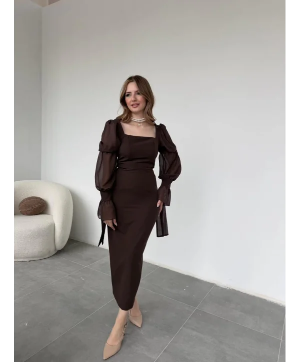 Bağlamalı Kol Tasarımlı Modern Kahve Elbise