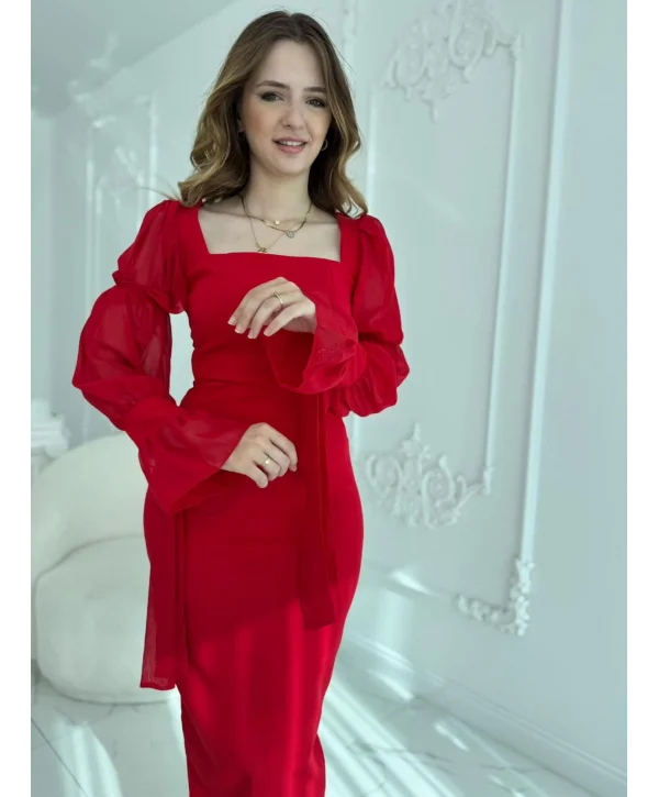 Bağlamalı Kol Tasarımlı Modern Kırmızı Elbise
