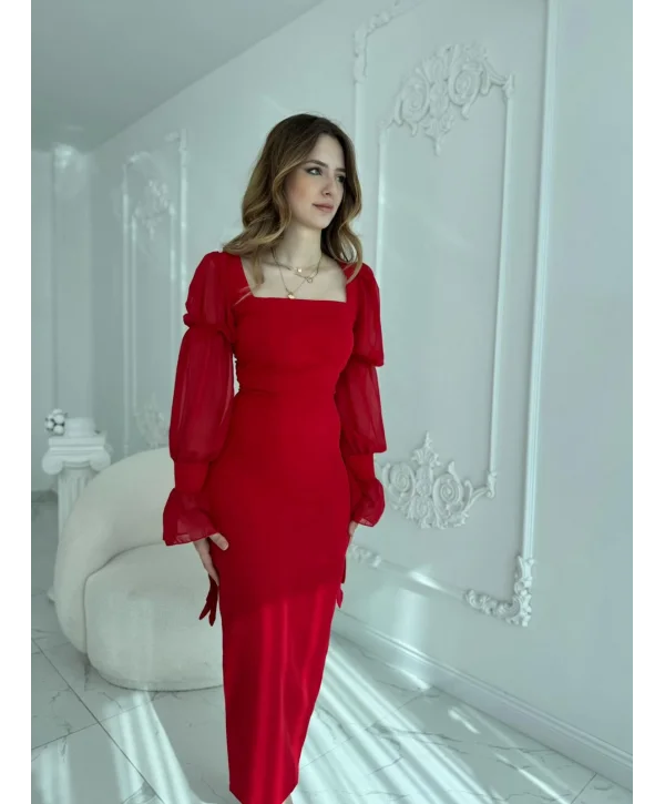 Bağlamalı Kol Tasarımlı Modern Kırmızı Elbise