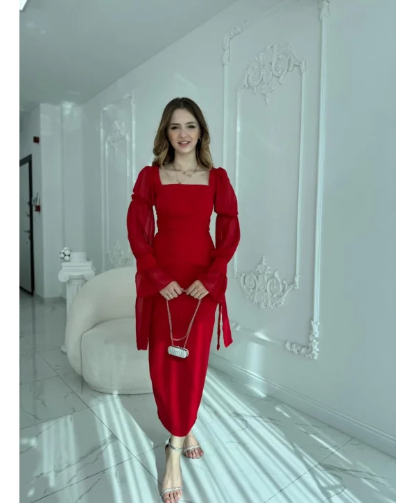 Bağlamalı Kol Tasarımlı Modern Kırmızı Elbise