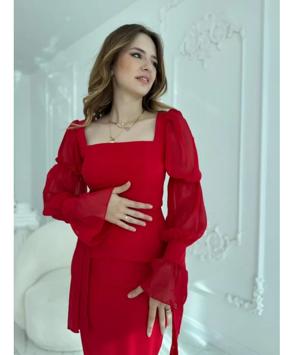 Bağlamalı Kol Tasarımlı Modern Kırmızı Elbise
