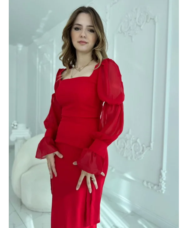 Bağlamalı Kol Tasarımlı Modern Kırmızı Elbise