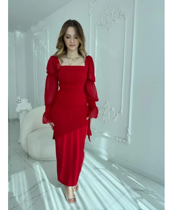 Bağlamalı Kol Tasarımlı Modern Kırmızı Elbise