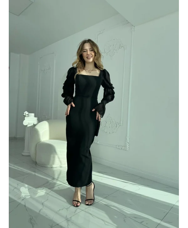 Bağlamalı Kol Tasarımlı Modern Siyah Elbise