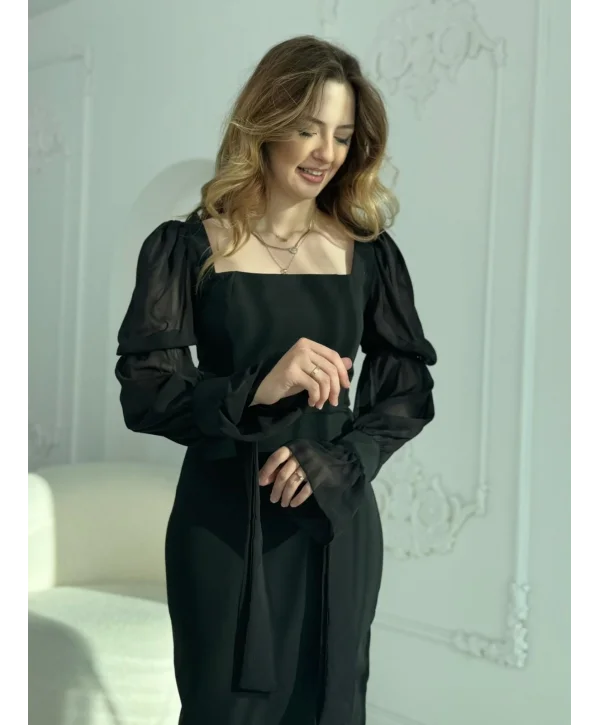 Bağlamalı Kol Tasarımlı Modern Siyah Elbise