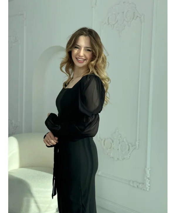 Bağlamalı Kol Tasarımlı Modern Siyah Elbise