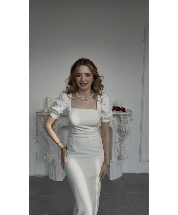 Balon Kol İnci İşlemeli Midi Boy Beyaz Elbise