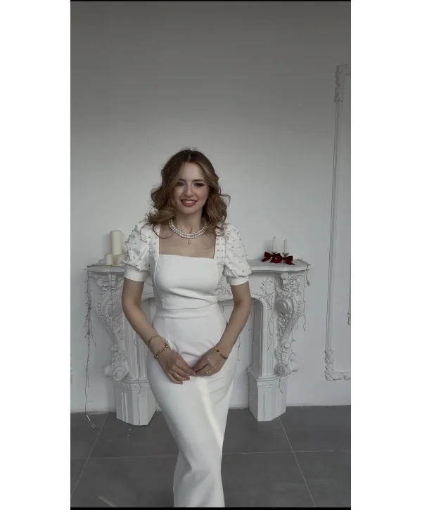 Balon Kol İnci İşlemeli Midi Boy Beyaz Elbise