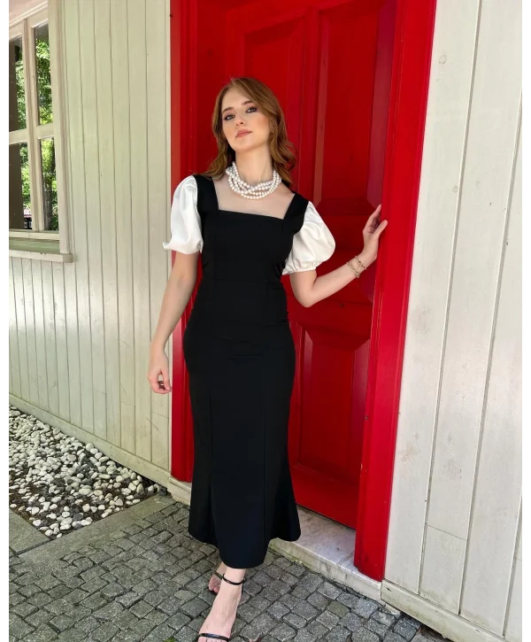 Balon Kol Kare Yaka Siyah Elbise