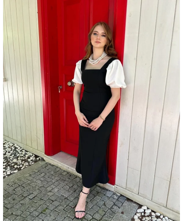 Balon Kol Kare Yaka Siyah Elbise