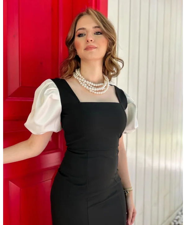 Balon Kol Kare Yaka Siyah Elbise