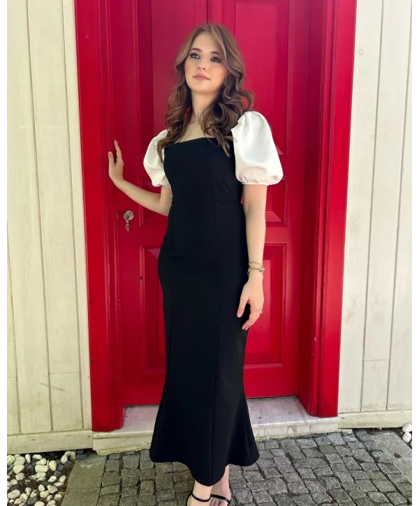 Balon Kol Kare Yaka Siyah Elbise