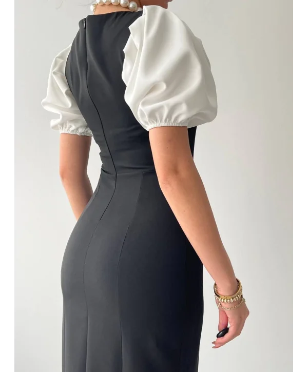 Balon Kol Kare Yaka Siyah Elbise