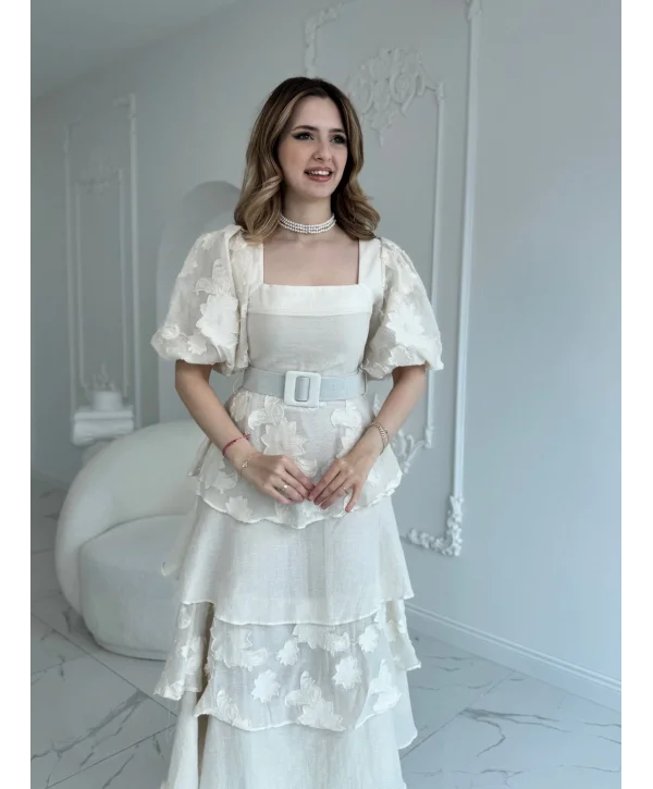 Balon Kol Kat Kat Kare Yaka Prenses Bej Elbise