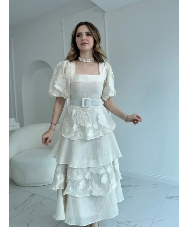 Balon Kol Kat Kat Kare Yaka Prenses Bej Elbise