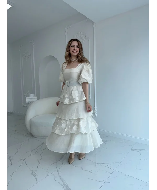 Balon Kol Kat Kat Kare Yaka Prenses Bej Elbise