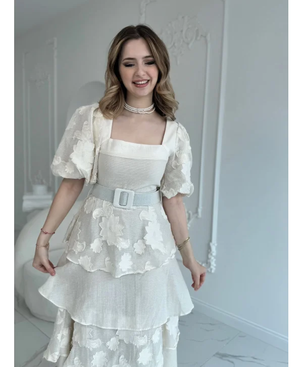 Balon Kol Kat Kat Kare Yaka Prenses Bej Elbise