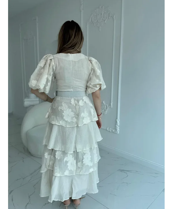 Balon Kol Kat Kat Kare Yaka Prenses Bej Elbise