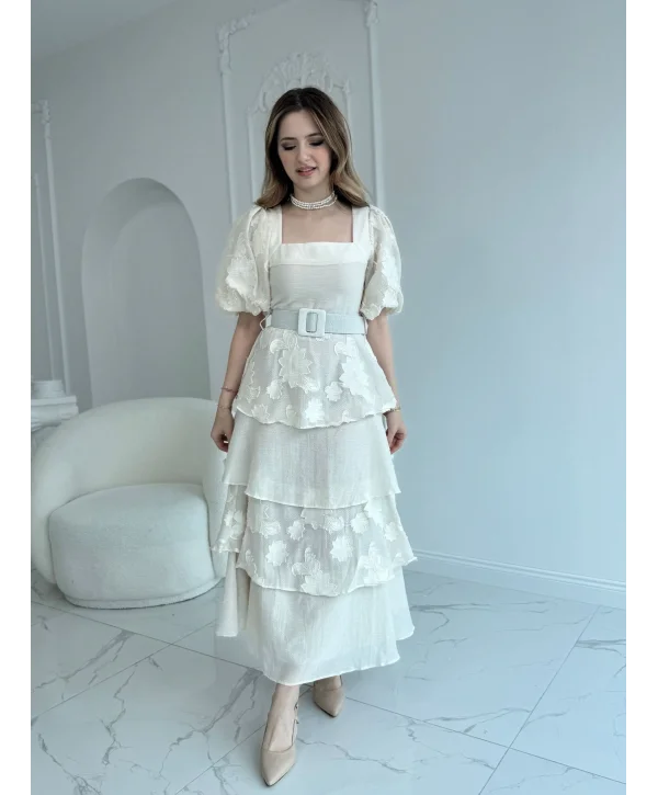 Balon Kol Kat Kat Kare Yaka Prenses Bej Elbise