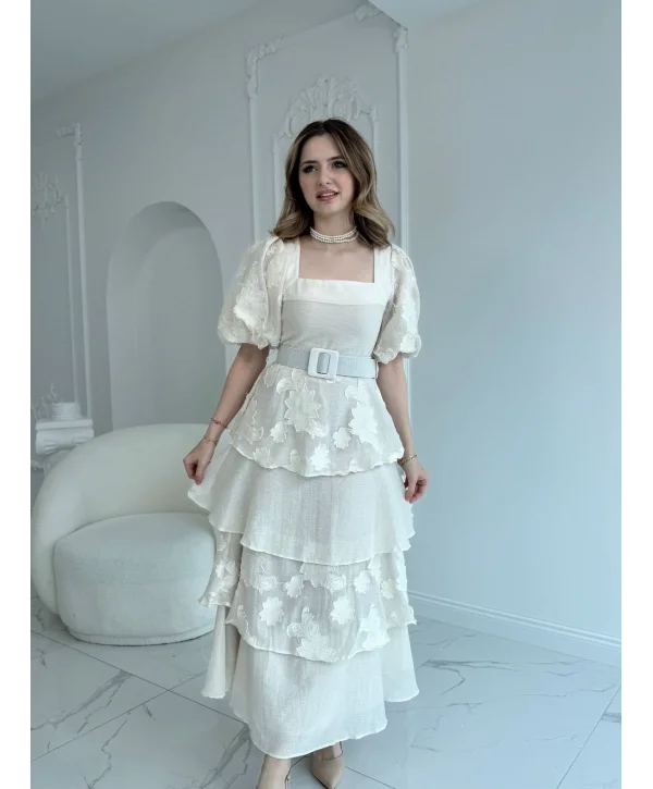 Balon Kol Kat Kat Kare Yaka Prenses Bej Elbise