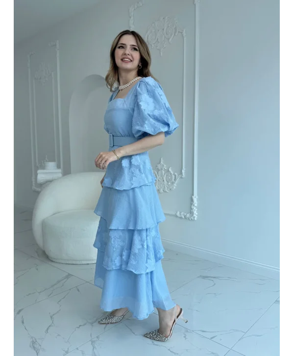 Balon Kol Kat Kat Kare Yaka Prenses Mavi Elbise