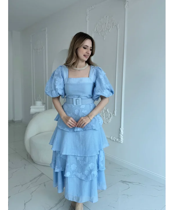 Balon Kol Kat Kat Kare Yaka Prenses Mavi Elbise