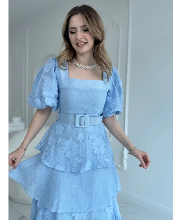 Balon Kol Kat Kat Kare Yaka Prenses Mavi Elbise