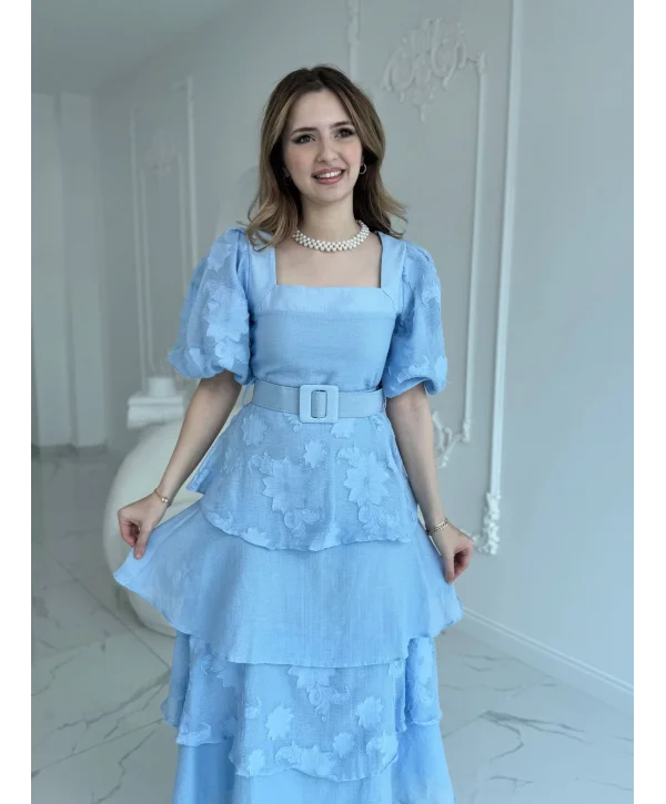 Balon Kol Kat Kat Kare Yaka Prenses Mavi Elbise