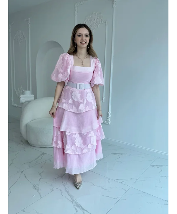 Balon Kol Kat Kat Kare Yaka Prenses Pembe Elbise