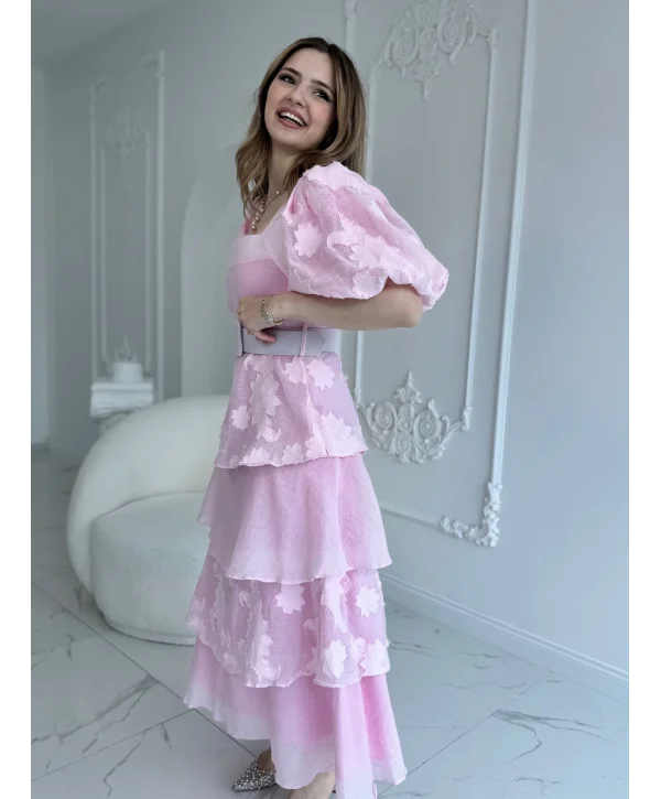 Balon Kol Kat Kat Kare Yaka Prenses Pembe Elbise