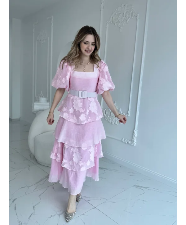 Balon Kol Kat Kat Kare Yaka Prenses Pembe Elbise