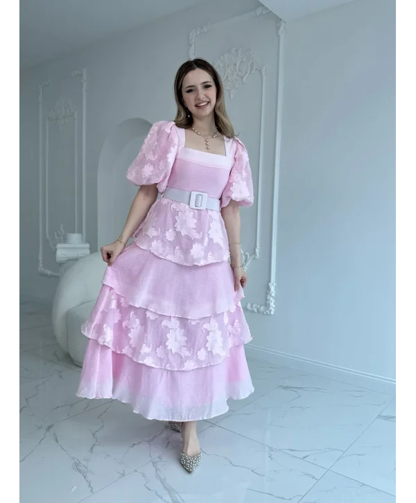 Balon Kol Kat Kat Kare Yaka Prenses Pembe Elbise