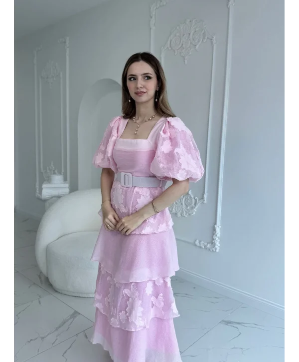 Balon Kol Kat Kat Kare Yaka Prenses Pembe Elbise