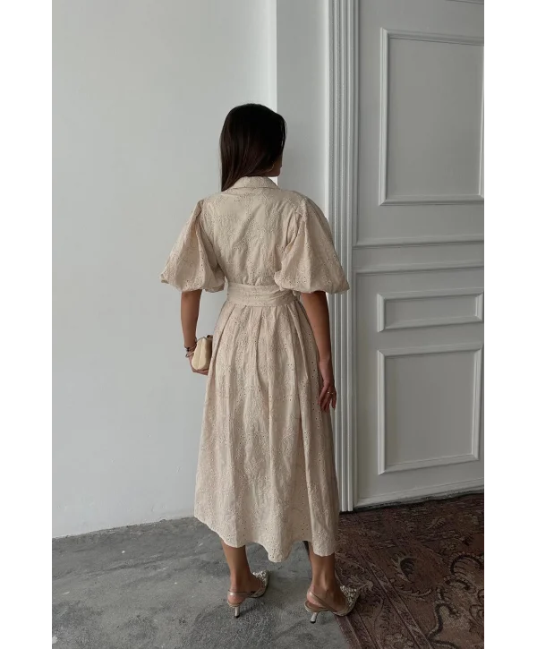Balon Kol Kemerli Bej Elbise