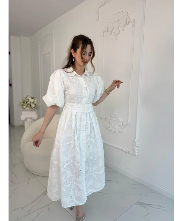 Balon Kol Kemerli Beyaz Elbise