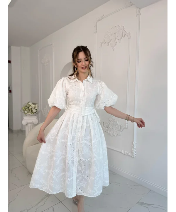 Balon Kol Kemerli Beyaz Elbise