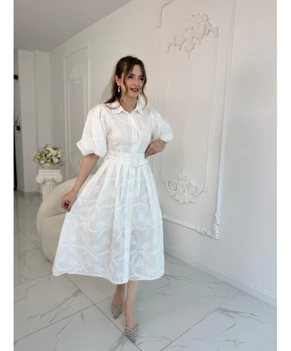 Balon Kol Kemerli Beyaz Elbise