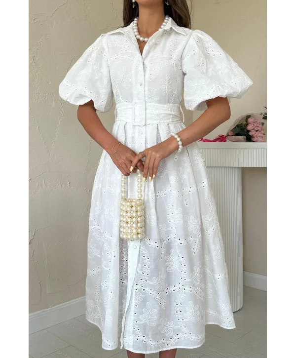 Balon Kol Kemerli Beyaz Elbise