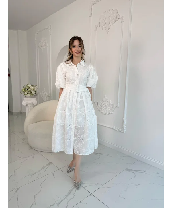 Balon Kol Kemerli Beyaz Elbise