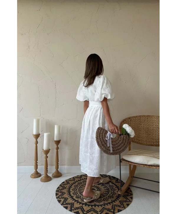 Balon Kol Kemerli Beyaz Elbise